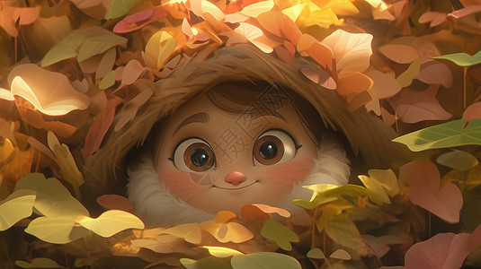 秋天躲在树叶中的可爱卡通人物图片