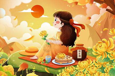九月初九重阳节登高望远踏秋女孩菊花插画图片