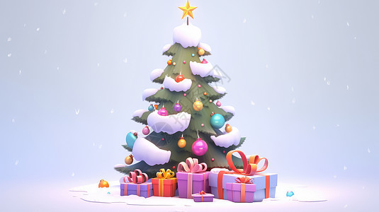 雪中树下堆着很多礼物的卡通圣诞树图片