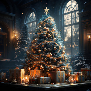 在室内一棵华丽皮奥利安东阁圣诞树图片
