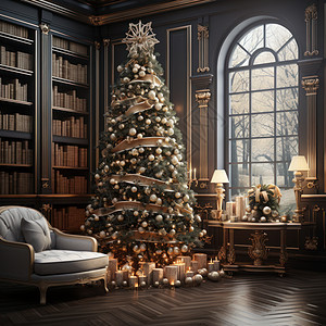 在书架旁一棵富贵华丽的圣诞树图片