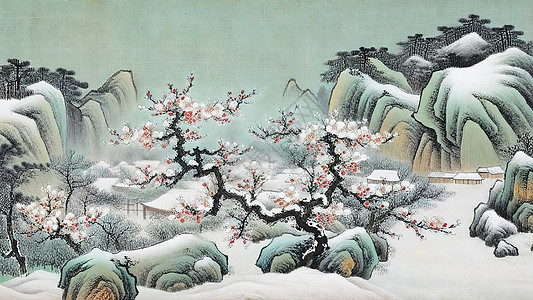 冬天盛开的梅花雪景插画图片