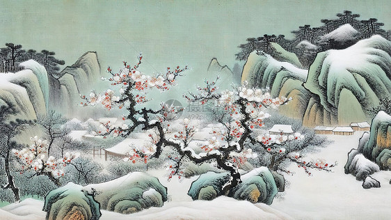 冬天盛开的梅花雪景插画图片