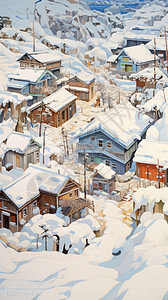 冬天大雪中唯美的卡通小村庄图片