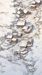 雪后卡通小村庄唯美风景背景图片