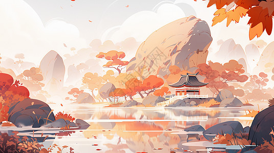 中国风建筑秋天唯美中国风卡通山水风景插画