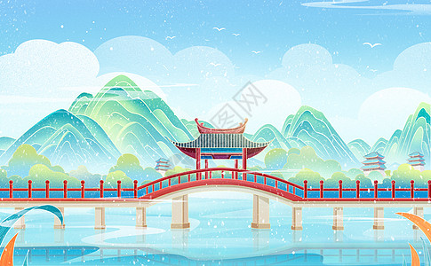 中国风国潮冬天立冬国潮建筑插画海报图片