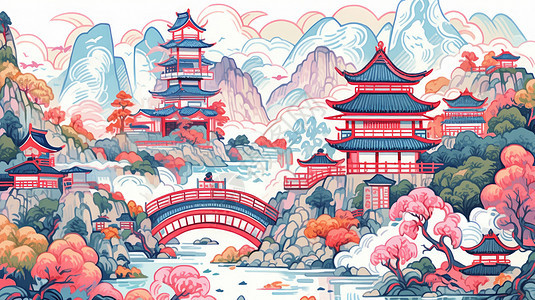 秋天唯美的山水卡通风景炫彩线条插画背景图片