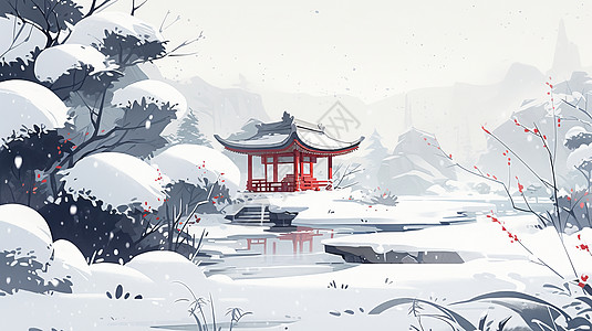 中国风冬天唯美雪后风景画插画