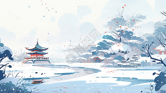 雪后风景下大雪中国风唯美冬天山水画插画