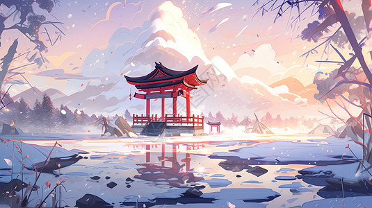 古乡湖冬天大雪湖中心一座卡通红色古亭子插画