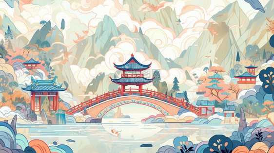 在湖面上一座古桥秋天卡通山水画中国风图片