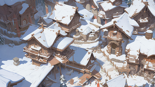 被白色雪覆盖的卡通小村庄图片