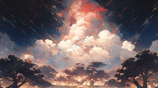 梦幻的卡通云朵在林上空图片
