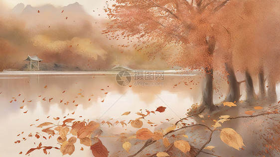 湖边的秋色秋天树木图片