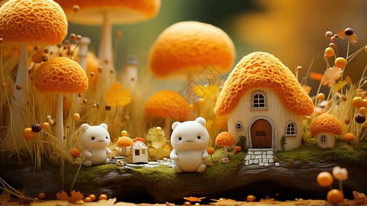秋天森林中可爱的羊毛毡蘑菇屋与白色卡通小熊图片