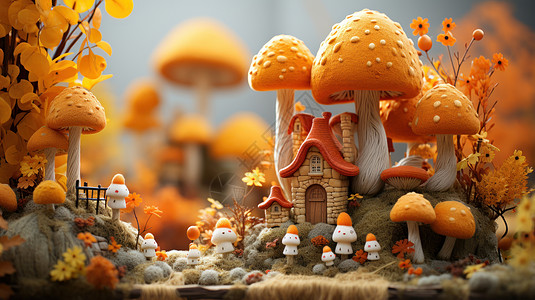 各种橙色可爱的卡通羊毛毡蘑菇屋图片