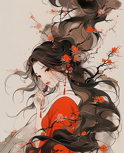 重阳节艺术字优雅的长发水墨风美女插画