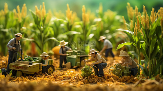 秋天在地里忙碌丰收的卡通农民们微缩场景图片