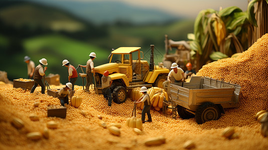 在粮食堆中忙碌丰收的卡通农民们微缩场景图片
