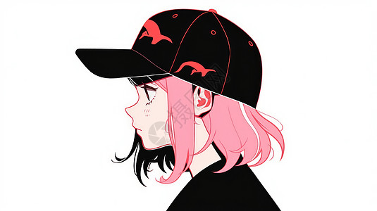 粉色短发戴黑色棒球帽的卡通女孩头像背景图片