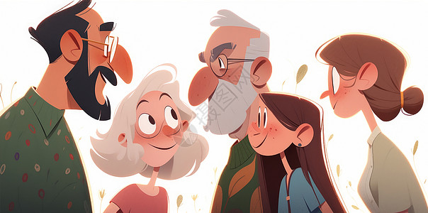 站在一起开心交谈的卡通一家人背景图片