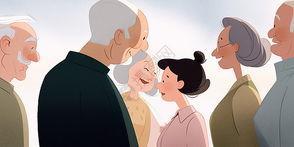 在一起开心说话的卡通老年人们背景图片