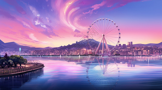紫色调唯美的卡通城市旁一条河背景图片