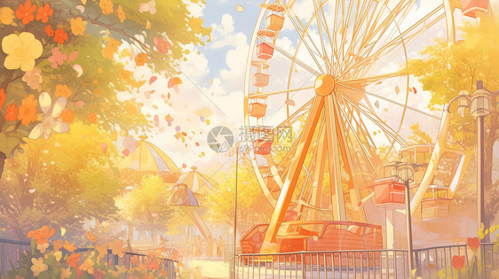 秋天梦幻的秋天森林中一个巨大的卡通摩天轮图片