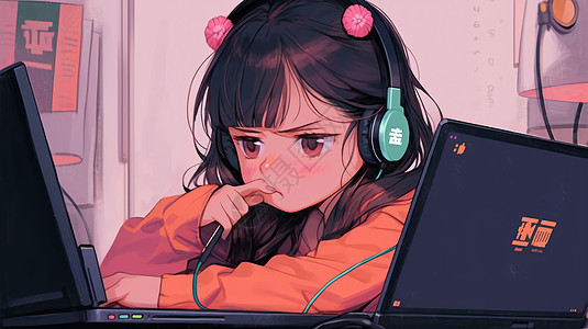 戴着耳麦看着电脑思考的可爱卡通小女孩图片
