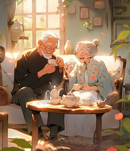 重阳坐在客厅开心喝茶的卡通老爷爷老奶奶插画
