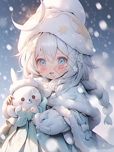 大雪中蓝色大眼睛可爱的卡通小女孩图片