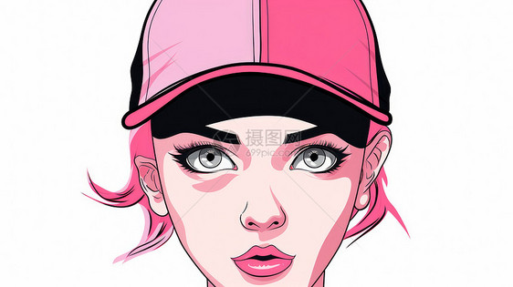 戴着粉色棒球帽时尚卡通女人面部特写图片