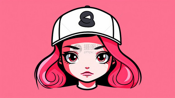 粉色背景上戴着白色棒球帽时尚简约卡通女孩头像图片