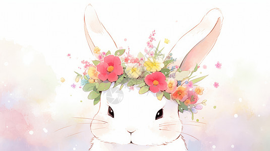 头戴彩色花环的可爱卡通小白兔图片