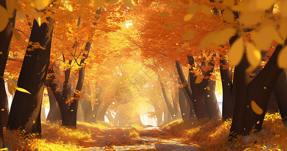 秋天金黄色的森林中一条幽静的卡通小路图片
