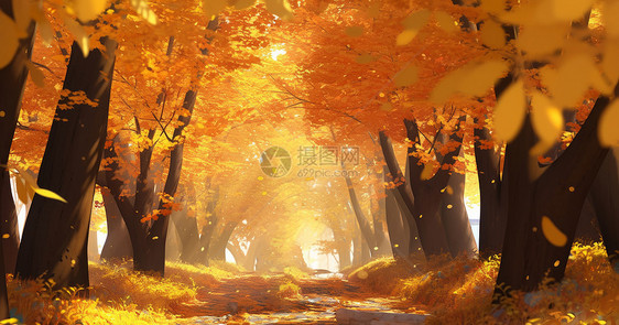 秋天金黄色的森林中一条幽静的卡通小路图片