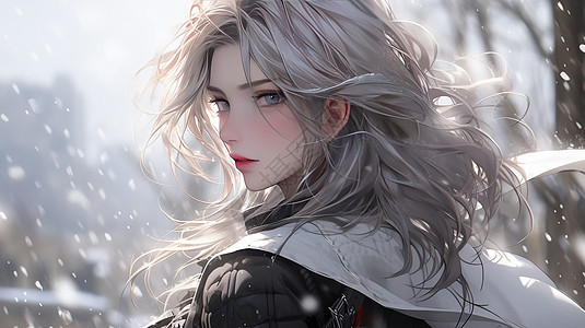 穿羽绒服在冬天雪地中长发飘飘的卡通女孩图片