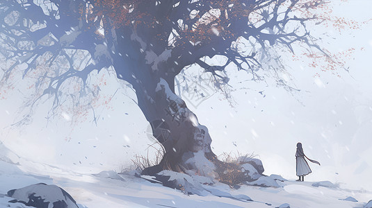 冬天大雪站在古树下一棵小小的卡通人物图片