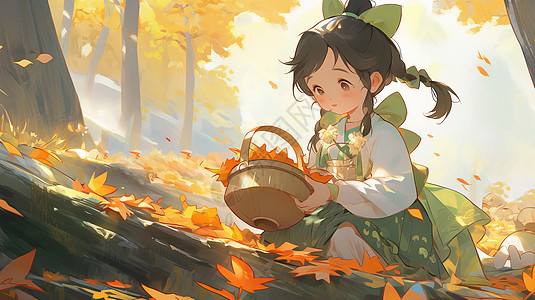 秋天在树下捡叶子的古风装扮卡通小女孩图片