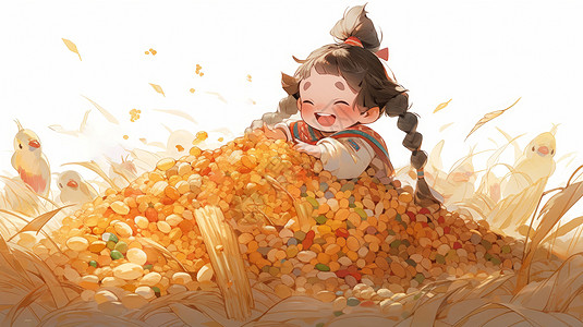 秋天在粮食堆上开心笑的卡通女孩图片