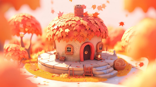 秋天卡通秋天在枫叶林中可爱的立体卡通小房子插画