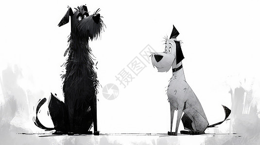 坐在一起两只可爱的黑白色卡通小狗图片