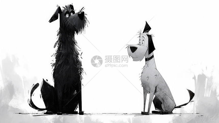 坐在一起两只可爱的黑白色卡通小狗图片