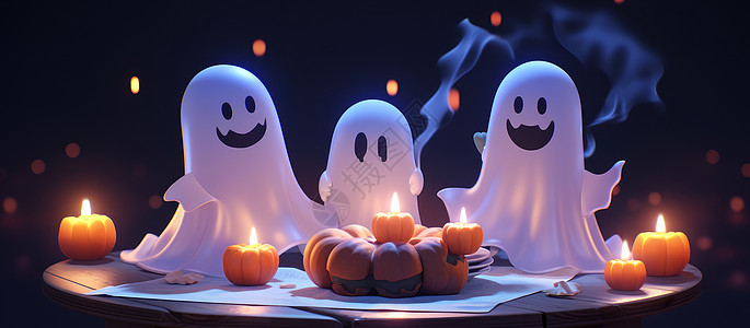 初灯华上三个在桌子上南瓜灯旁可爱的白色卡通幽灵插画