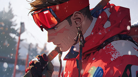 冬天雪中穿红色滑雪服的卡通青年图片