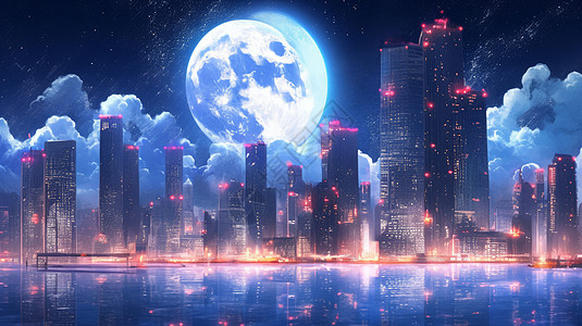 夜晚巨大的月亮下一座灯火通明的现代城市图片