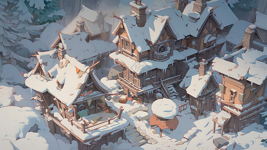 雪后森林中漂亮的卡通小房子图片