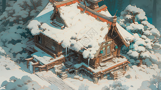 冬天雪后被雪覆盖的卡通小房子图片