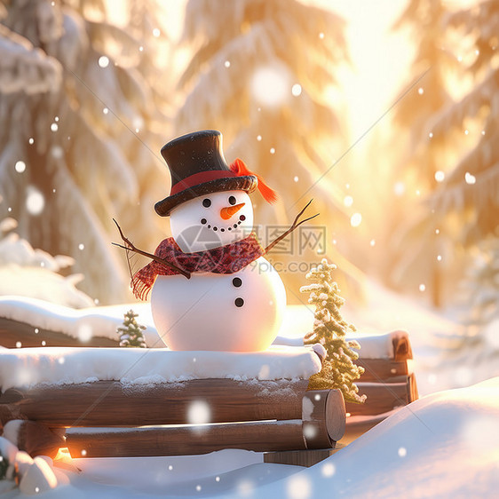 冬天雪地中可爱的卡通小雪人图片